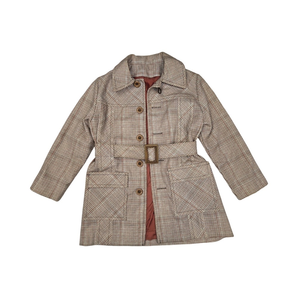 50s, 60s Kids Plaid Trench Coat Brown Tan Belted Jacket Made in USA 5 Vintage